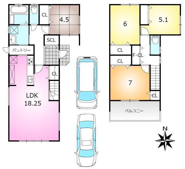 間取図/区画図:ゆとりの4LDK、2台駐車可！2WAYの家事動線や引戸付きリビング階段など工夫がいっぱい！どのようなご家族構成でも使いやすい間取りです。