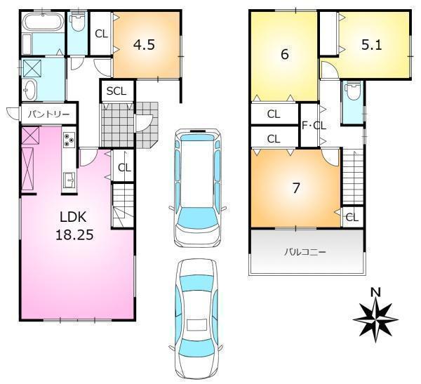 間取図/区画図:独立した居室のある4LDK、2台駐車可！2WAYの家事動線や引戸付きリビング階段など工夫がいっぱい！どのようなご家族構成でも使いやすい間取りです。