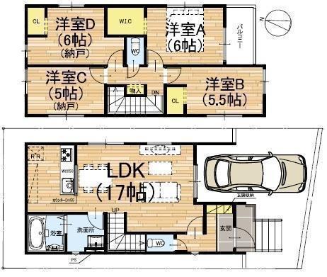 間取図/区画図:ゆったり2SLDK!部屋数多くて収納たっぷり、どのような家族構成でも使いやすい間取りです。